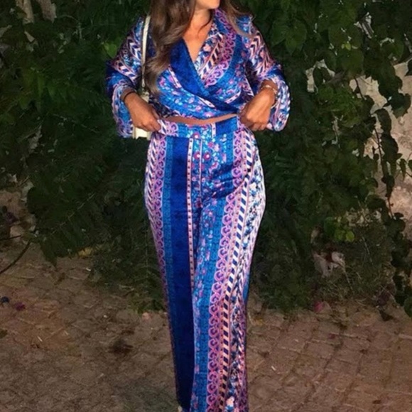 🦋 ZARA BOHO BLUE MULTI TRIBAL SATIN WIDE LEG HIGH WAIST PANTS! - Picture 5 of 16